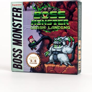 Boss Monster Crash Landing card game box featuring pixel art of alien bosses and crashed spaceship