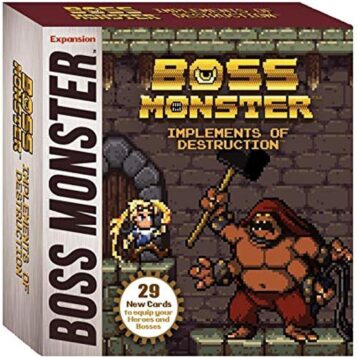 Boss Monster Implements of Destruction expansion box featuring pixel-art weapons and dungeon bosses