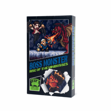 Boss Monster Rise of the Minibosses card game box with artwork of classic pixel-style dungeon bosses