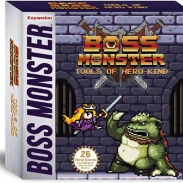 Boss Monster Tools of Hero-Kind expansion box featuring pixel art heroes holding weapons and relics