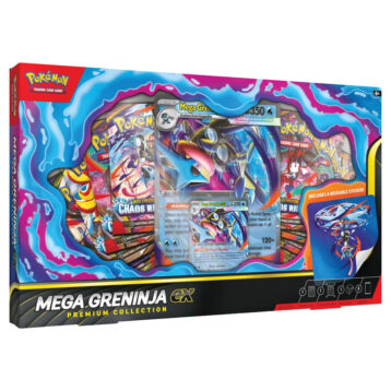 Pokémon TCG Mega Greninja ex Premium Collection box with promo cards and booster packs
