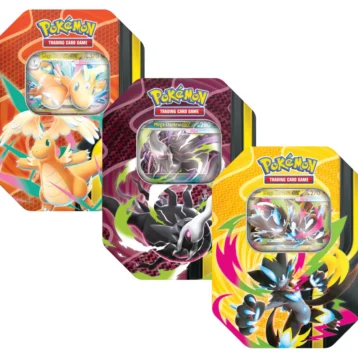 Pokémon TCG Mega Forces Tin featuring Mega Dragonite ex, Mega Darkrai ex, and Mega Zeraora ex selectable versions