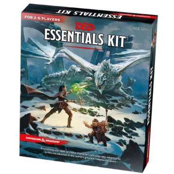 D&D 5th Edition Essentials Kit board game with Dragon of Icespire Peak adventure, rulebook, dice, DM screen, maps, and accessories.